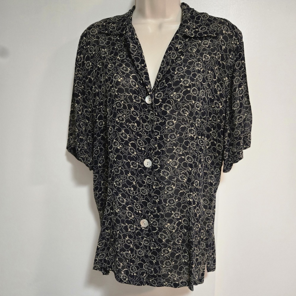 Vintage Banana Republic Sz 10 Retro Navy Blue Gray Floral Lightweight Blouse